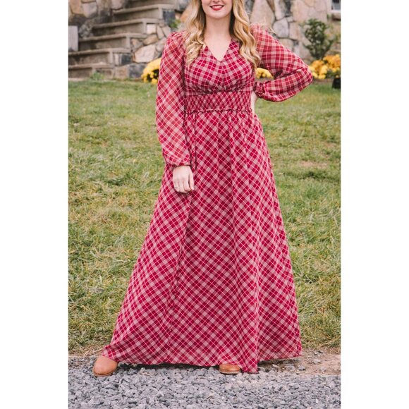 Gal Meets Glam Dresses & Skirts - Gal Meets Glam New Red Maroon Plaid Long Puff Sleeve V- Neck Robyn Maxi Dress 2